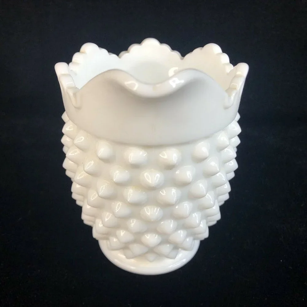 Fenton White Hobnail Milk Glass Creamer‎ Pitcher 4” Tall 8 Ounce Scalloped VTG